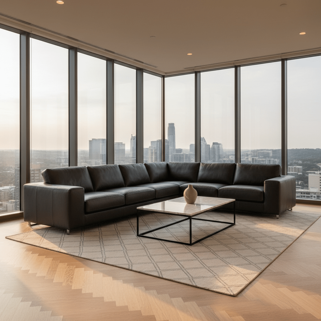Modern luxury Austin condo interior with floor-to-ceiling windows and skyline view